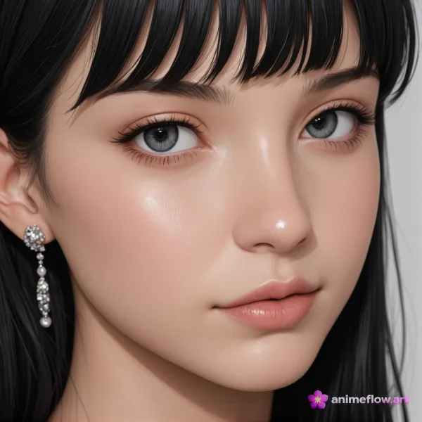 This image features a close-up portrait of a young woman with smooth, flawless skin, large gray eyes, and straight black