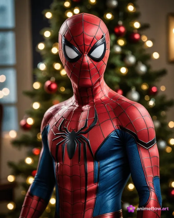 A close-up photographic-style image features a person dressed as Spider-Man standing in front of a decorated Christmas t