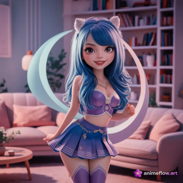 Cheerful Blue-Haired Cat Girl