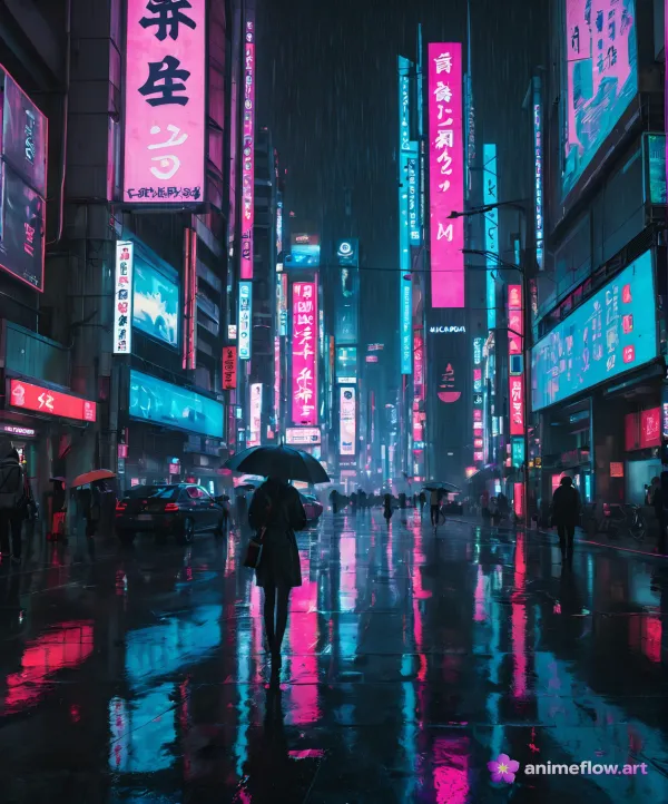 The image depicts a rainy urban street scene at night, featuring a lone figure holding an umbrella walking towards a vib