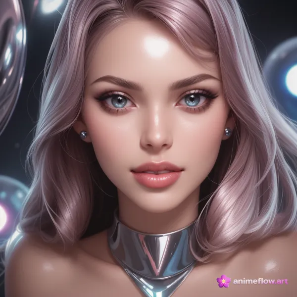 A highly detailed digital portrait of a young woman with strikingly realistic features and lavender hair styled in loose