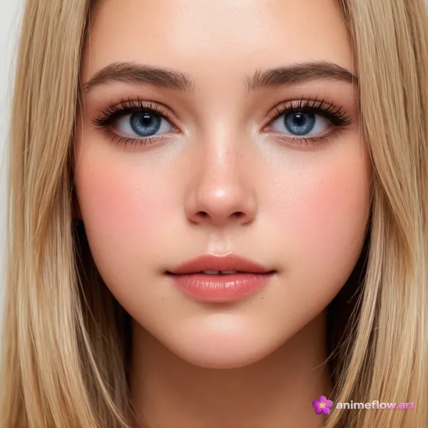A close-up portrait of a young woman with blonde hair and blue eyes, rendered in a highly realistic digital art style