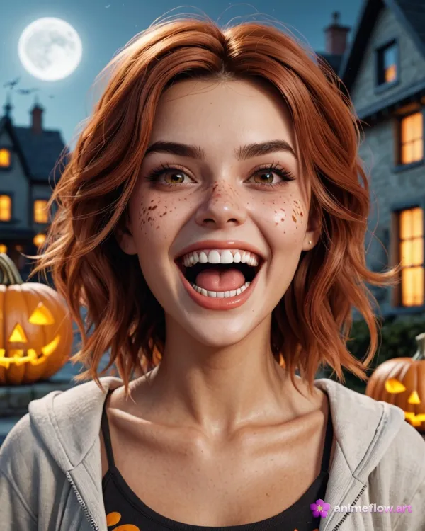 A close-up digital illustration of a young woman with red hair and freckles, smiling widely and showing bright teeth, se