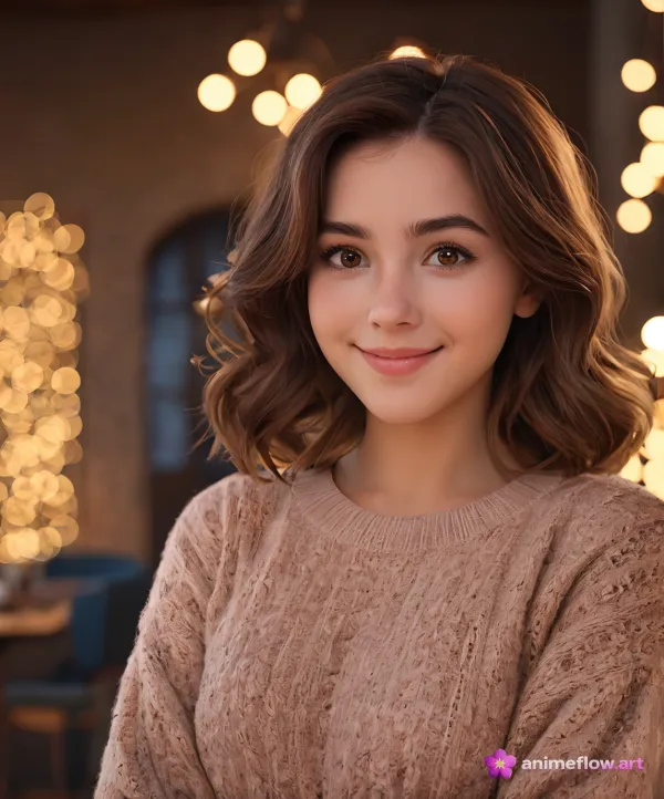 A warm and inviting portrait of a young woman with softly curled brown hair and brown eyes, wearing a textured light bro