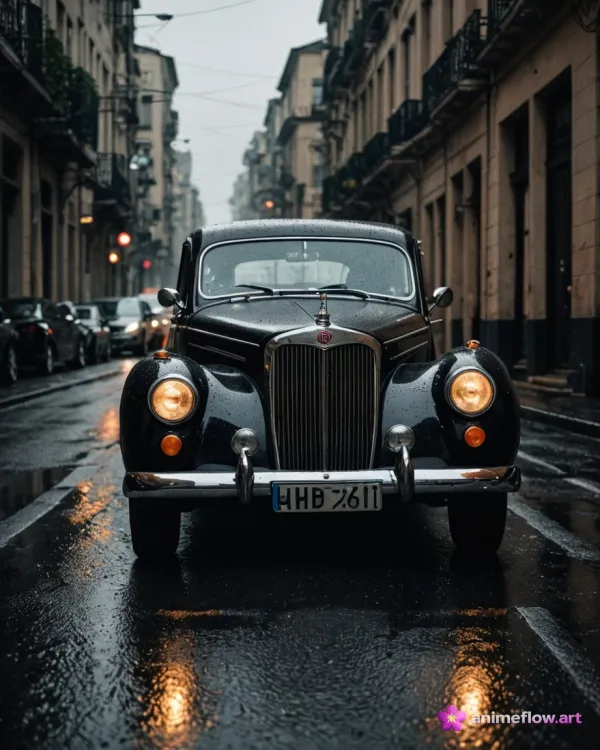 A vintage black car is positioned centrally in a narrow urban street, captured from a direct frontal angle. The style is