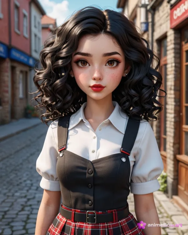 The image depicts a highly stylized, realistic 3D render of a young woman standing in a quaint street setting