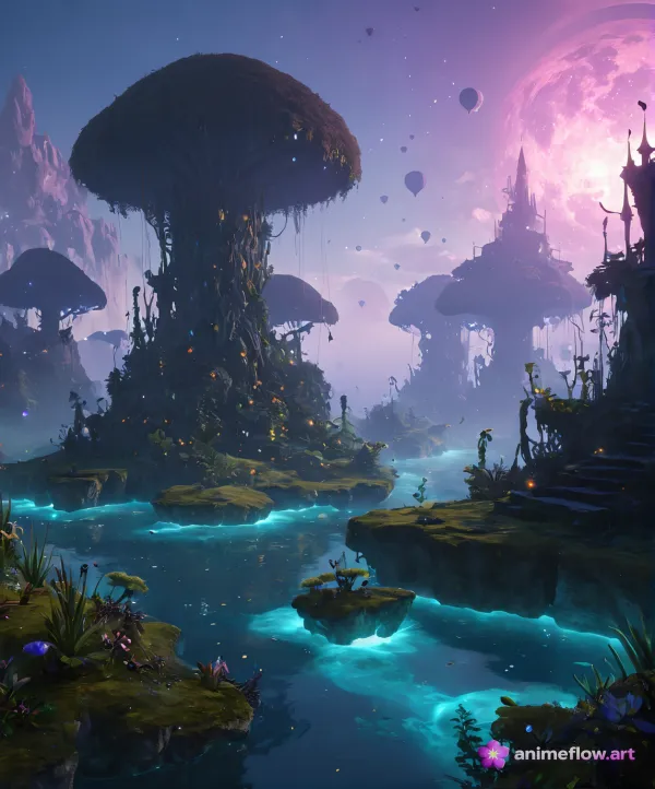 A fantastical landscape features giant mushroom-like structures towering over a glowing, ethereal river with floating la