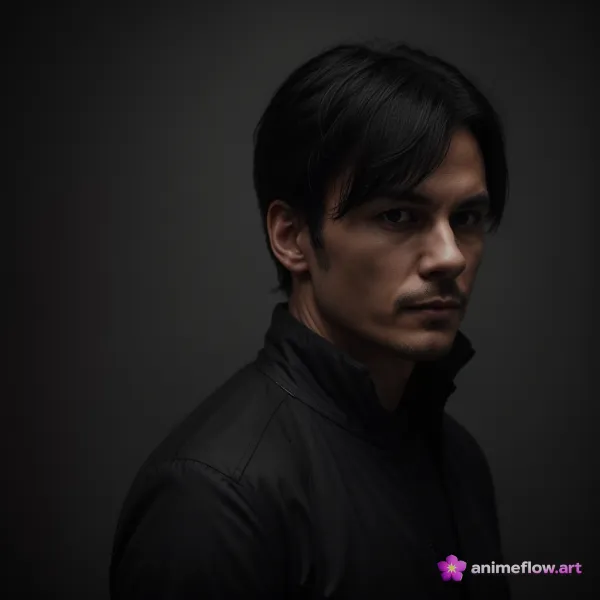 A close-up portrait of a man with dark hair and light facial stubble, wearing a black jacket, set against a dark backgro