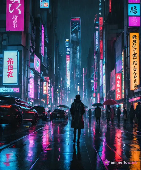 A nighttime urban scene depicts a lone figure walking down a wet, reflective street lined with tall buildings covered in