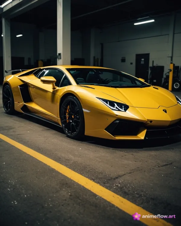 A high-quality photograph features a yellow Lamborghini sports car parked in a dimly lit garage or industrial space. The