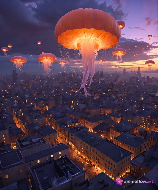 The image depicts a surreal urban scene at dusk with giant jellyfish-like creatures glowing with warm orange light float