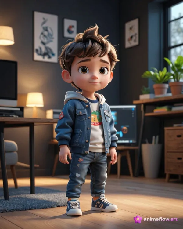 A 3D animated digital rendering features a young boy with large expressive eyes and stylized proportions typical of a ca