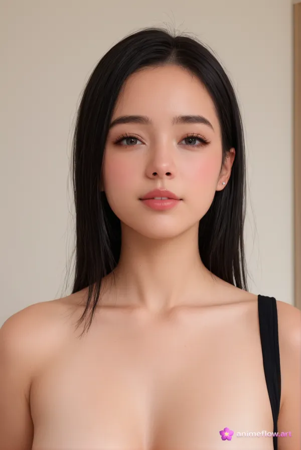 The image features a close-up portrait of a young woman with straight black hair and neutral facial expression, exuding
