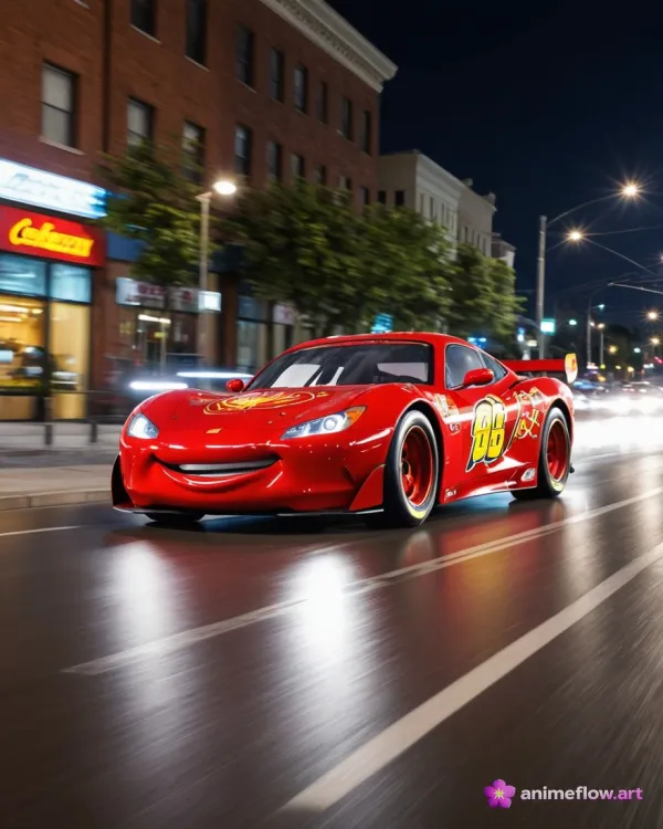 The image shows a red race car on a city street at night captured with motion blur to emphasize speed