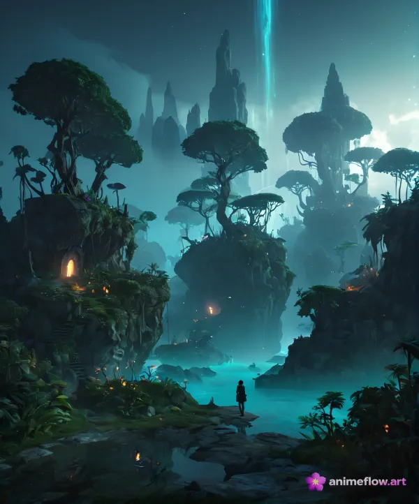 The image depicts a fantastical, misty landscape with towering rock formations topped with lush, oversized trees and sma