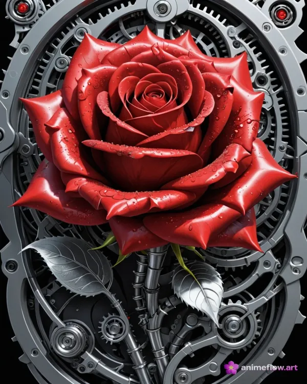 A hyper-realistic digital artwork combines a vivid red rose with mechanical components, creating a striking biomechanica