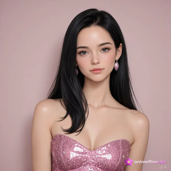 A digital portrait of a young woman with long black hair and fair skin, styled in a semi-realistic manner with smooth te