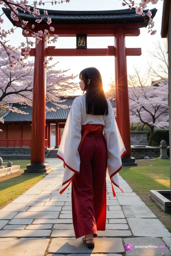 A photograph of a young woman dressed in traditional Japanese attire, featuring a white kimono-style top with red trim a