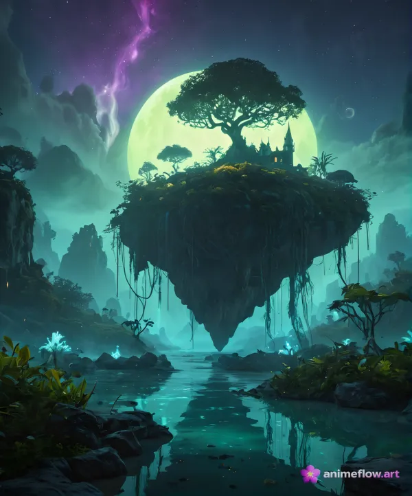 Mystical Floating Island Under Full Moon – 4K Fantasy Landscape Wallpaper
