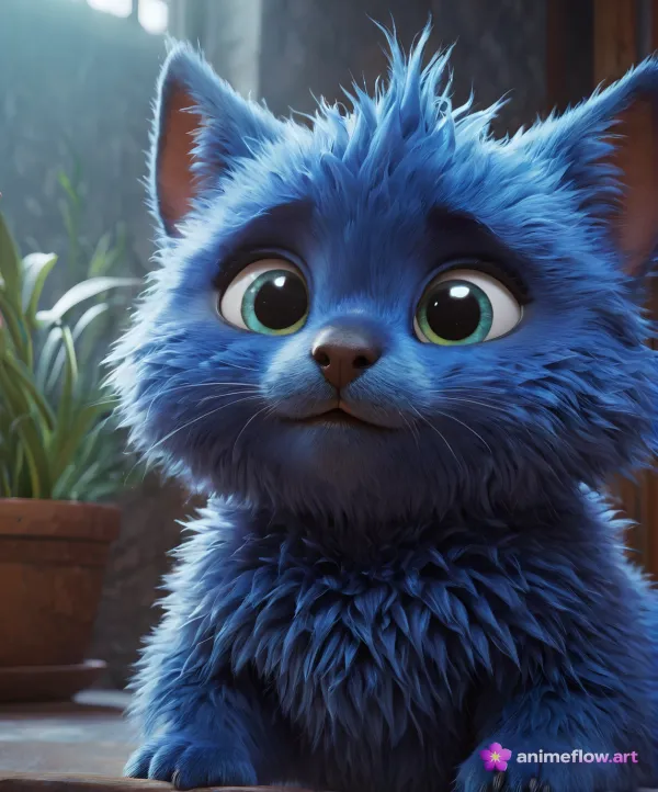 Cute Fluffy Blue Kitten – 3D Cartoon Aesthetic Wallpaper 4K