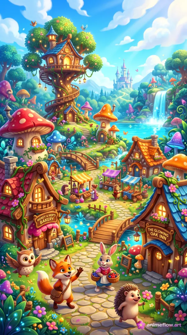 Whimsical Fairy Tale Forest Village – 4K 3D Storybook Fantasy Wallpaper