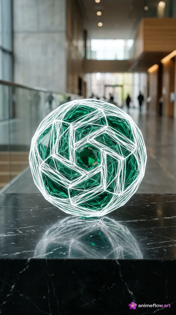 Futuristic Emerald Geometric Sphere on Black Marble – 4K 3D Abstract Wallpaper