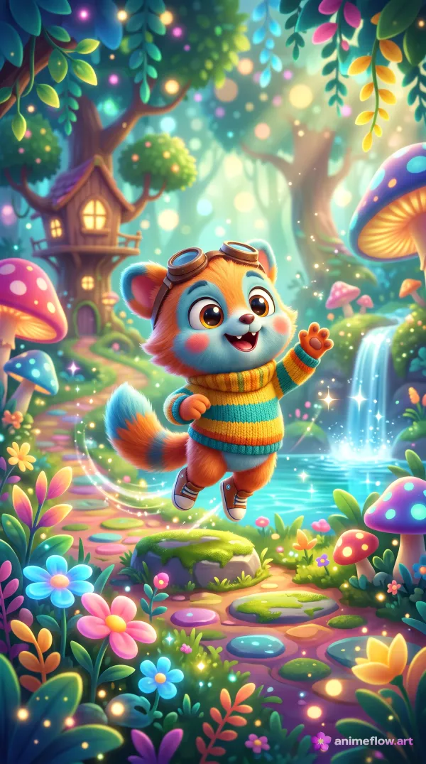 Joyful Little Adventurer in Enchanted Mushroom Forest – 4K 3D Cartoon Wallpaper