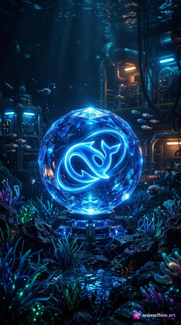 Glowing Bioluminescent Whale Crystal Orb in Deep Ocean – 4K Sci-Fi Wallpaper