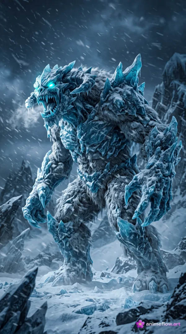 Fierce Frost Behemoth in Arctic Blizzard – 4K Fantasy Ice Monster Wallpaper