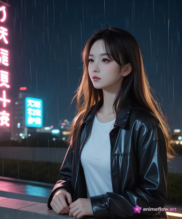 Neon Rain Contemplation