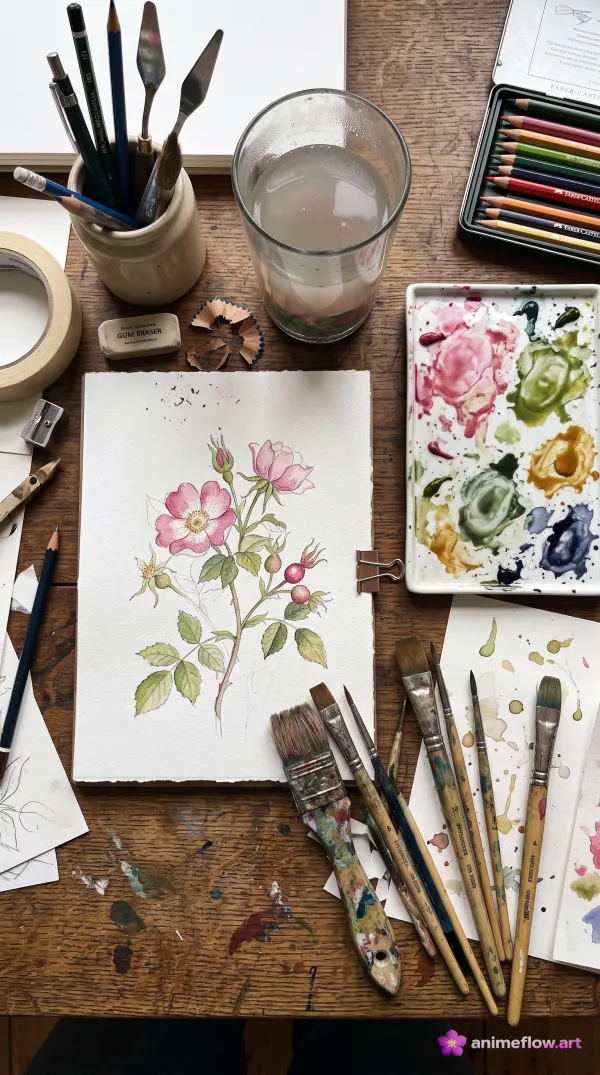 Watercolor Roses On Wooden Desk