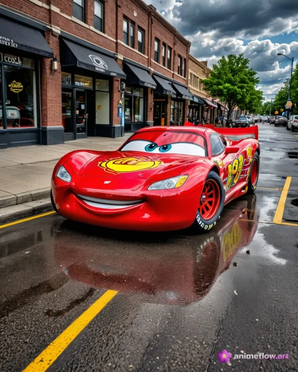 Radiant Red Racer On Rain-Slicked Streets