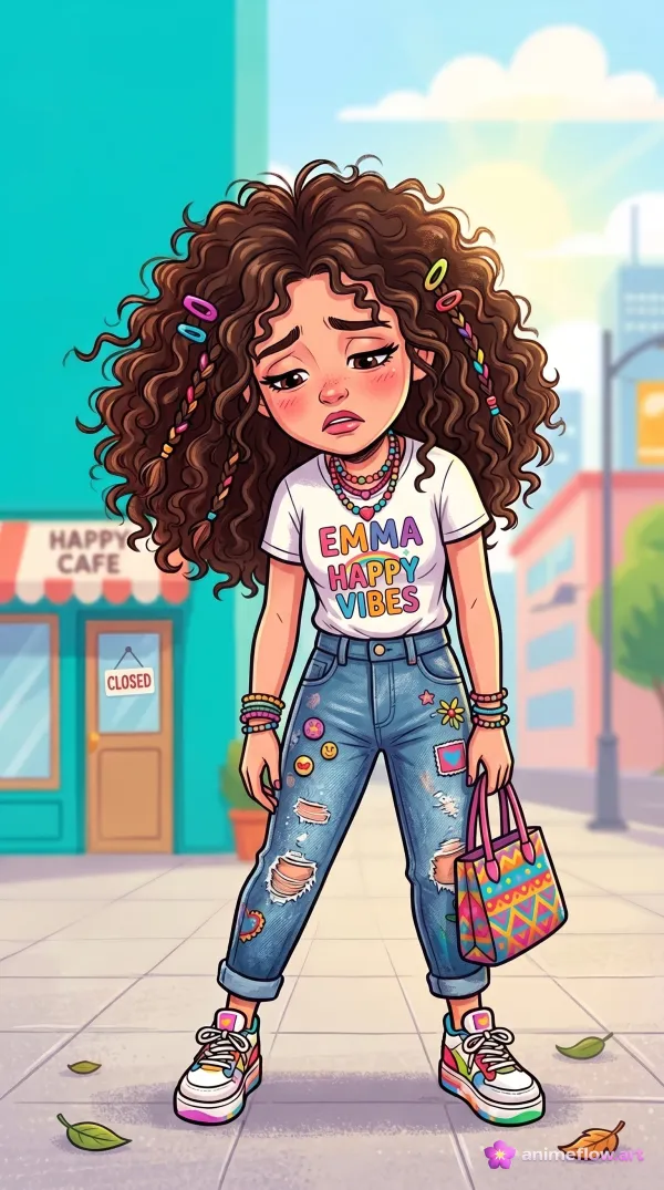 Melancholy Curly-Haired Cartoon Girl