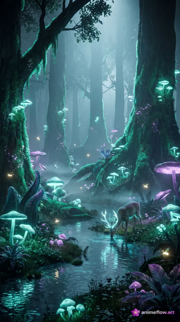 Luminous Stag In Misty Forest