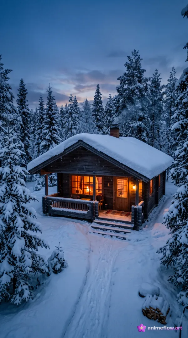 Twilight Cabin In Snowy Forest