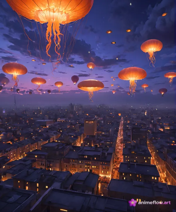 Jellyfish Lanterns Over City