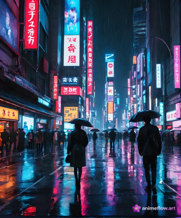 Neon Rain Umbrella Walk