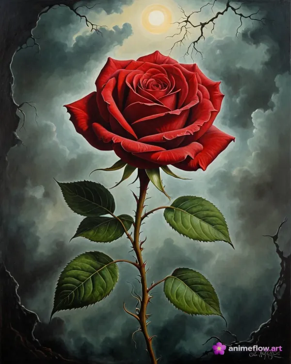 Crimson Rose Under Stormy Moon