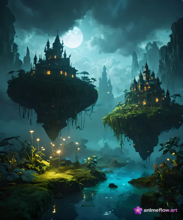 Floating Castles In Moonlit Mist