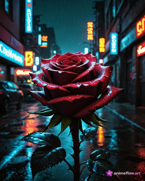 Neon Rose After Rain