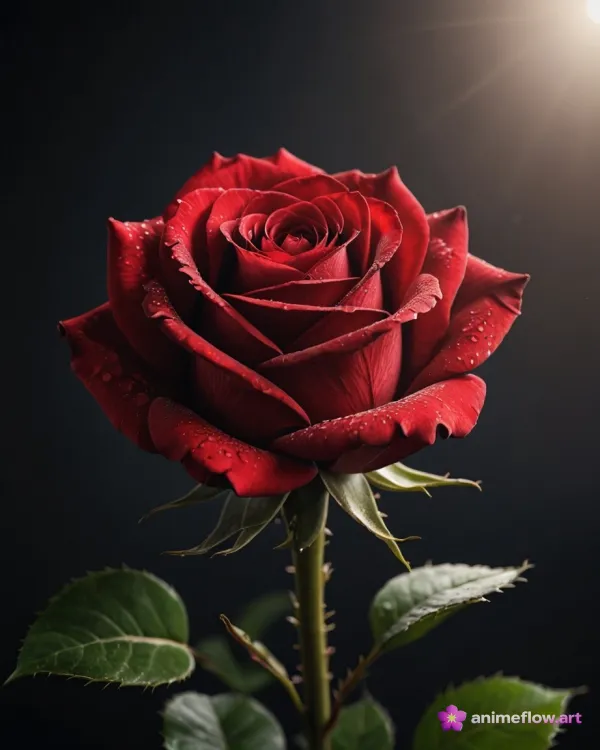 Crimson Rose In Dew