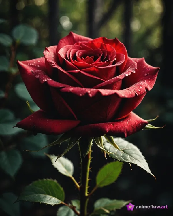 Crimson Rose With Dew