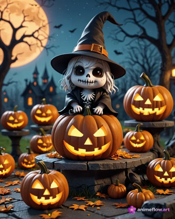 Skeletal Witch's Pumpkin Perch