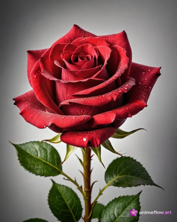 Crimson Rose In Dew