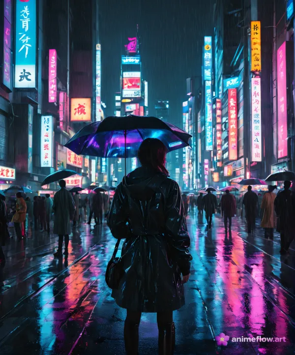 Neon Rain Umbrella Solitude