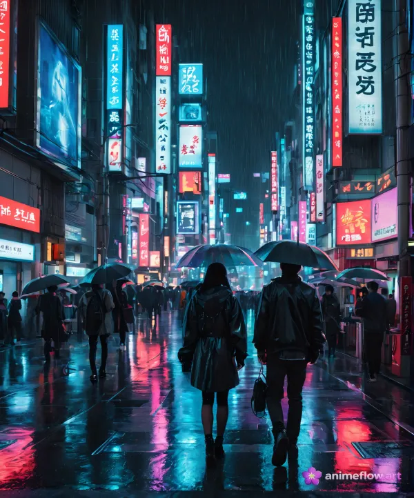 Neon Rain Umbrella Walk