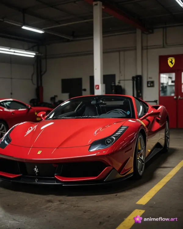 Crimson Ferrari In Industrial Garage