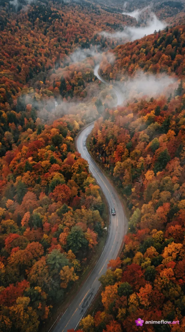 Autumn Road Through Misty Forest