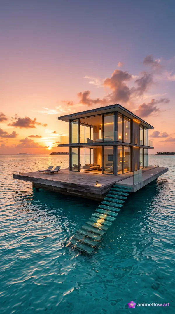 Overwater Glass Villa At Golden Hour