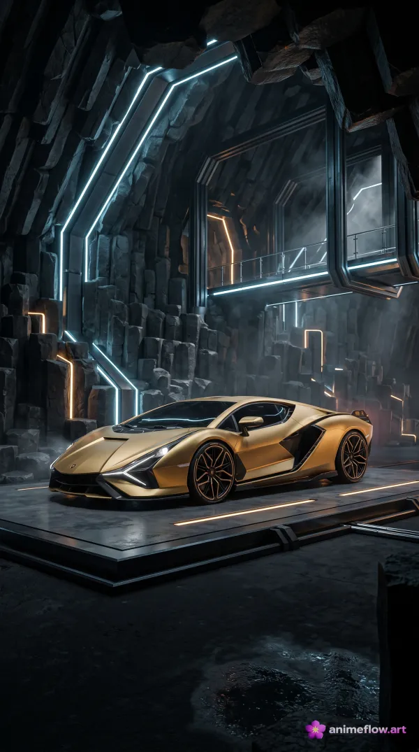 Golden Supercar In Neon Cavern